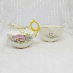 Royal Paragon By Appointment Sugar and Creamer Set-Lily Pads-Pink-Yellow-Weave